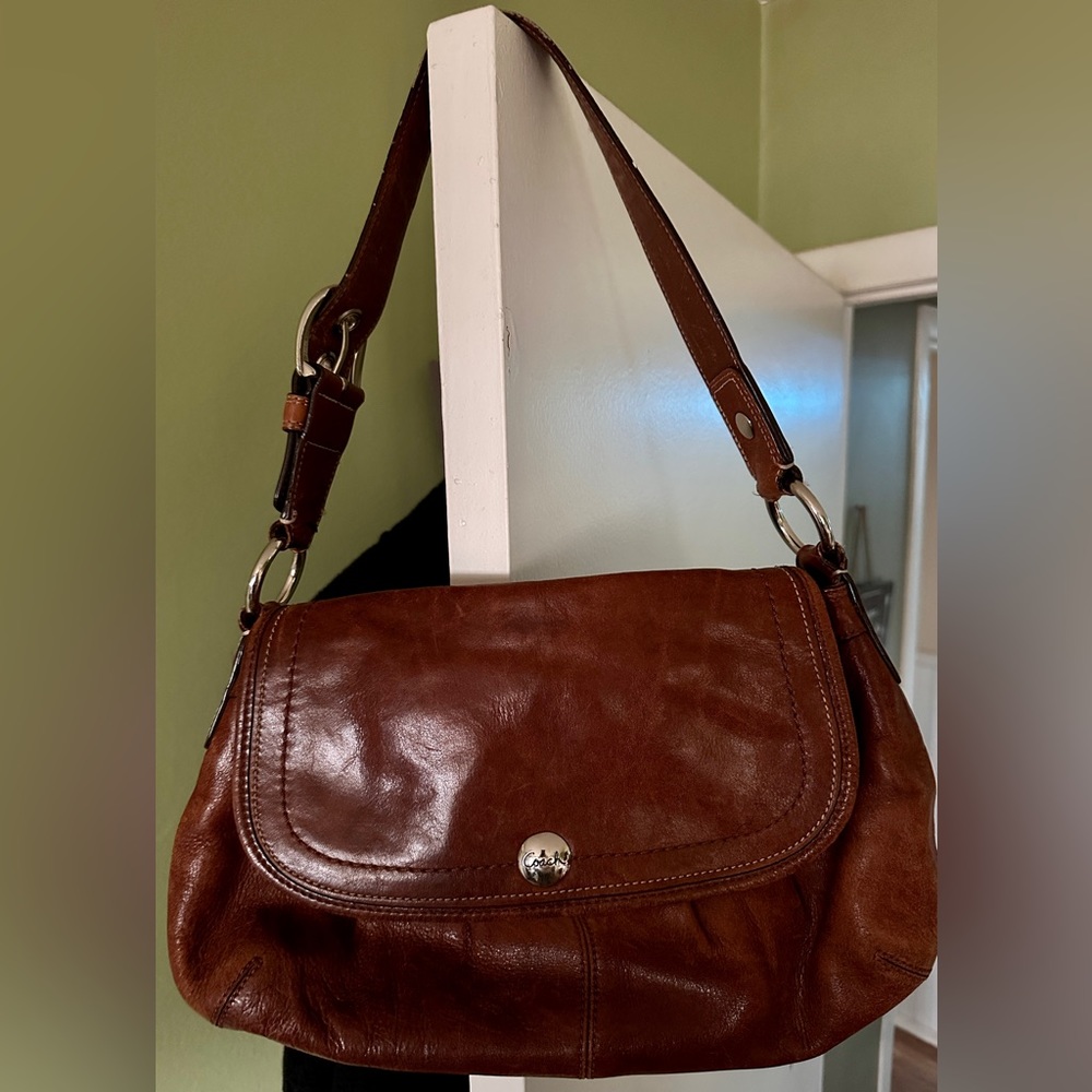 Coach Chestnut Brown Leather Flap Over Shoulder Hobo Bag Purse